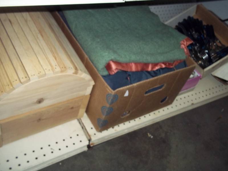 Shoes, Silverware, Blanket, Sleeping bag, Wood Box and unassembled Toy box