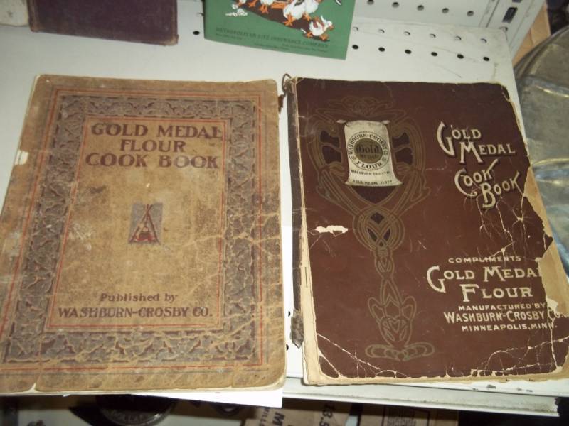 Vintage Gold Metal Flour Cook book and other Vintage Books