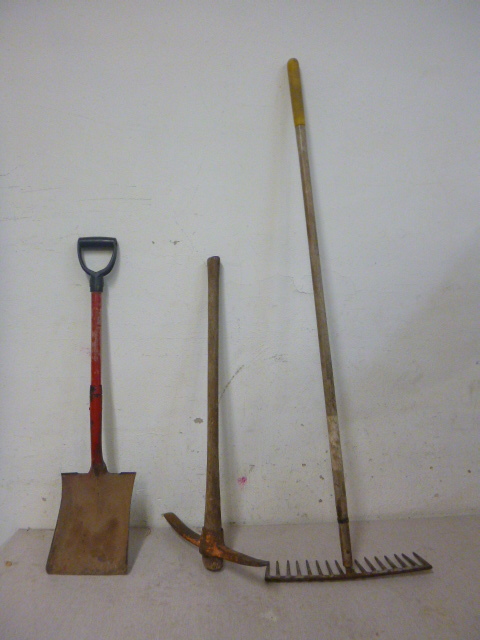 lot 53 image: Shovel, Pick Axe, Rake