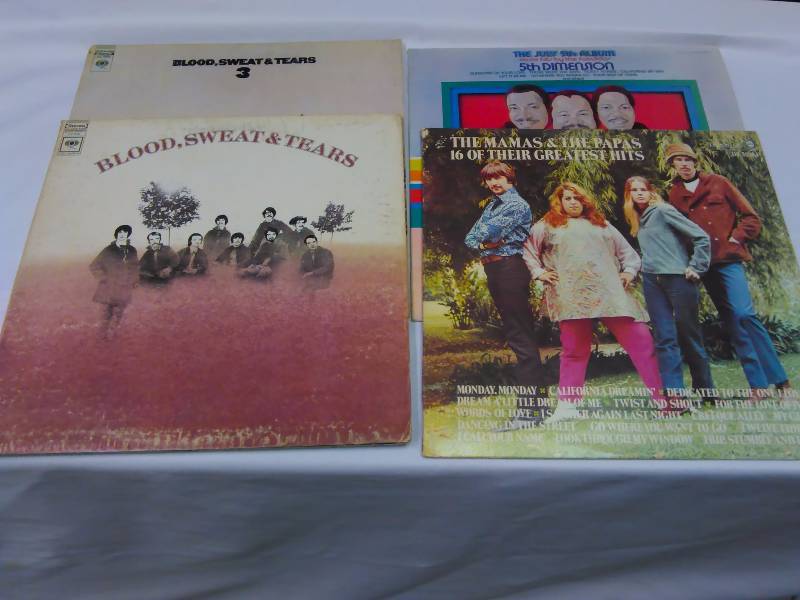 lot 45 image: Blood Sweat and Tears (2), 5th Dimension, Mama and Papas Three and Self-Titled ( Blood Sweat and Tears), 16 of their Greatest hits( the Mamas  and the papas), The July 5th Album (5th Dimension)