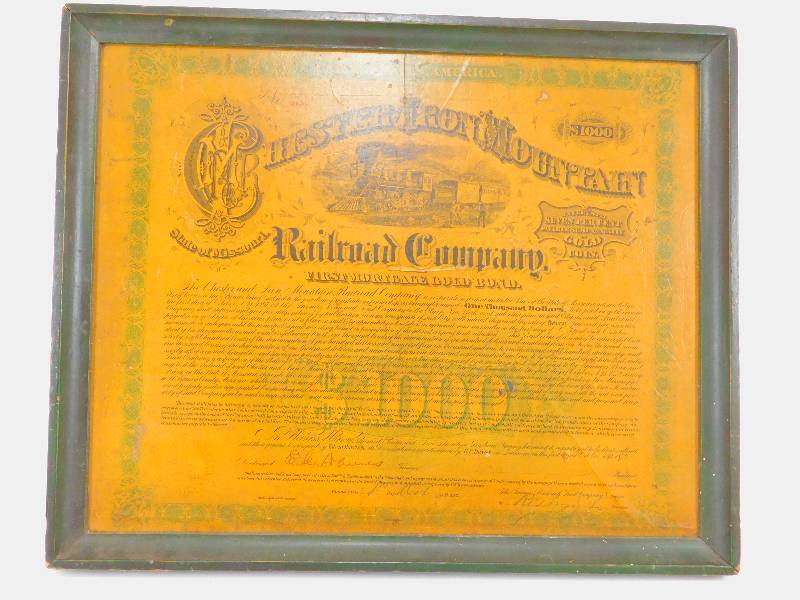 lot 54 image: Vintage Chester Iron Mountain Railroad Company $1000 Gold Bond