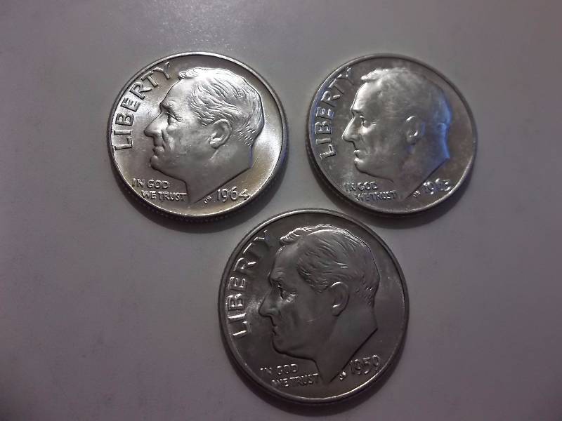 1959 D, 1963 D, 1964 D Roosevelt Dimes Unc