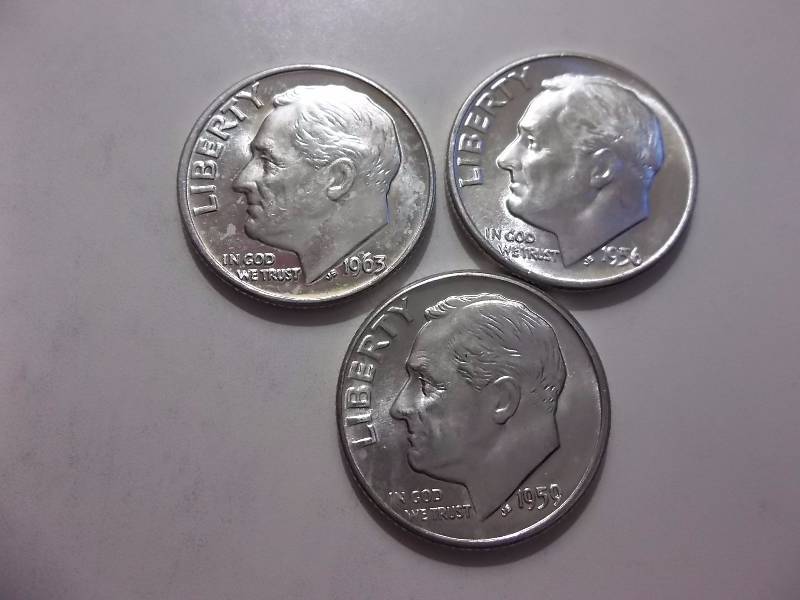 1956, 1959 D, 1963 D Roosevelt Dimes Unc MS