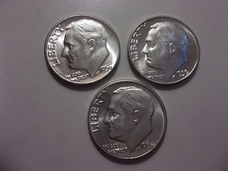 1956, 1959 D, 1964 D Roosevelt Dimes Unc MS