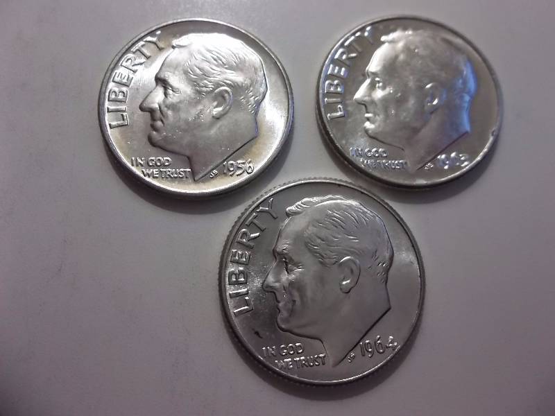 1956, 1963 D, 1964 D Roosevelt Dimes Unc MS