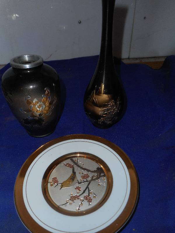 2 HAND ETCHED JAPANESE METAL VASES