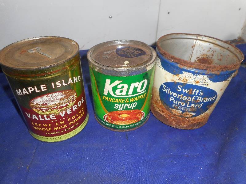 SWIFT LARD CAN AND KARO SYRUP CAN , MAPLE ISLAND POWDERED MILK CAN