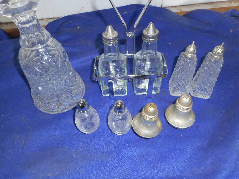 VINTAGE OIL AND VINIGER CRAFTS AND SALT AND PEPPERS AND CRYSTAL BOTTLE