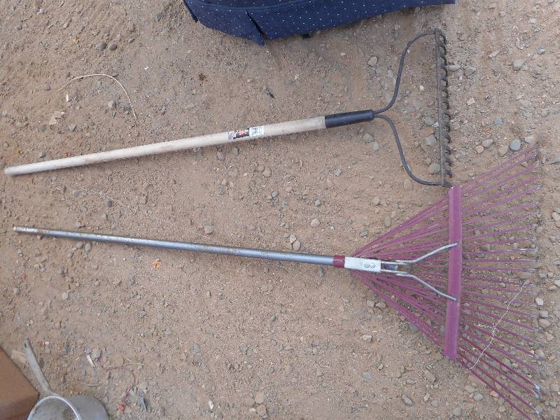 STEEL GARDEN RAKE AND METAL HANDLED LEAF RAKE