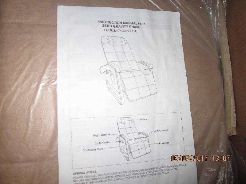 Zero Gravity Chair open box, untest...
