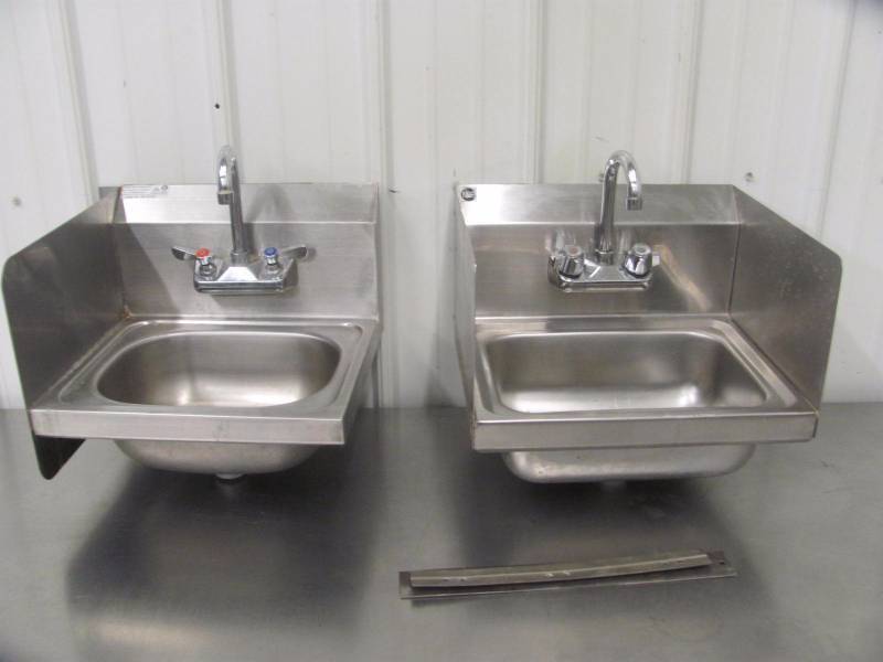 lot 12 image: Lot of 2 Stainless Steel Hand Wash Sinks with Splash Guards