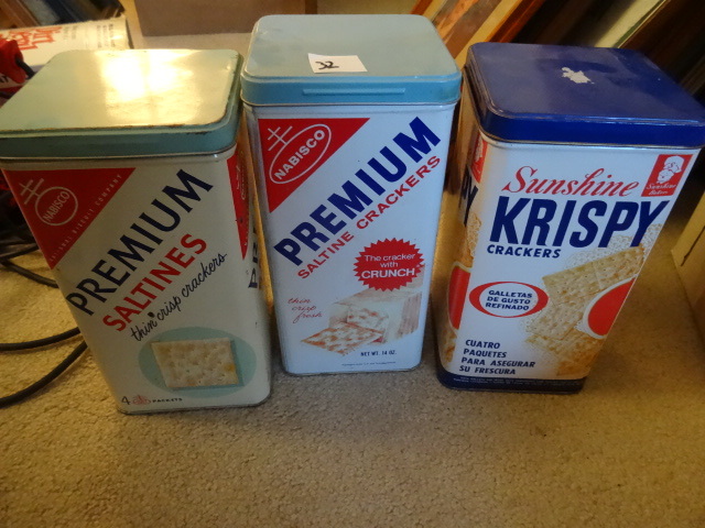 lot 32 image: 3 vintage metal cracker cans. ...