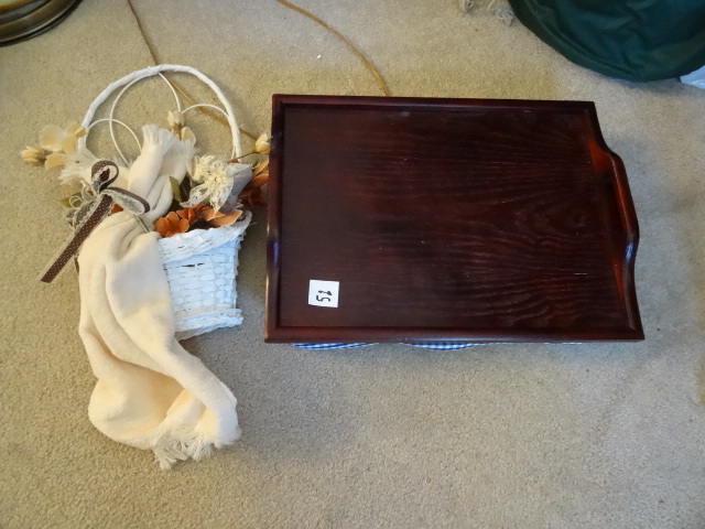 lot 52 image: Padded wood TV tray and wall hangin...