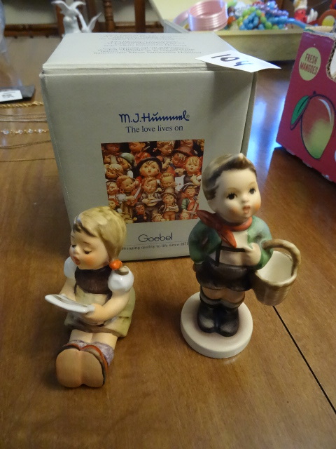 lot 104 image: 2 small Hummell figurines. One with...