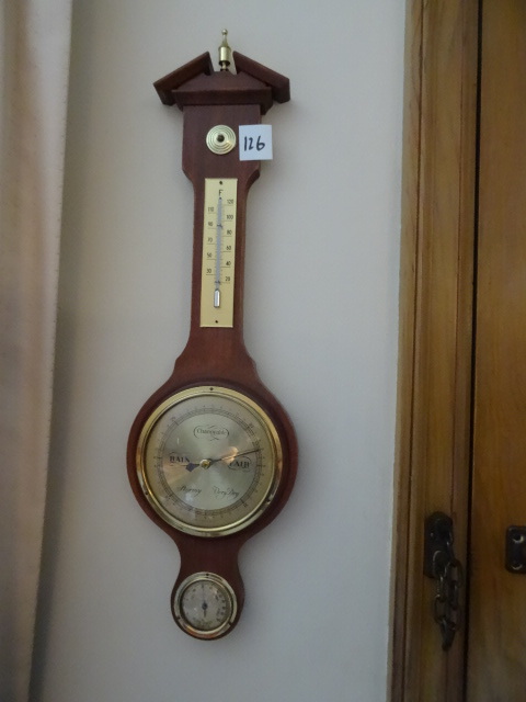 lot 126 image: Wood barometer. Humidity and temp. ...