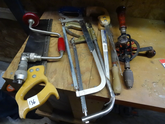 lot 136 image: 2 hack saws. 2 hand drills. 2 key h...