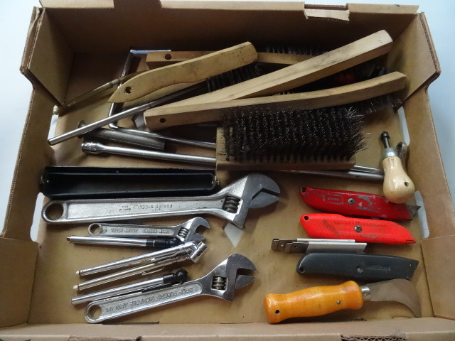 lot 157 image: Wire brushes. Adjustable wrenches. ...