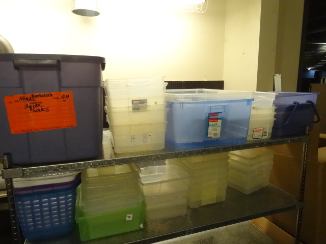 lot 79 image: 2 shelves with misc plastic tubs...