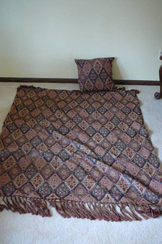lot 12 image: Beaded blanket with silk back ()  58 x 48 Throw and pillows