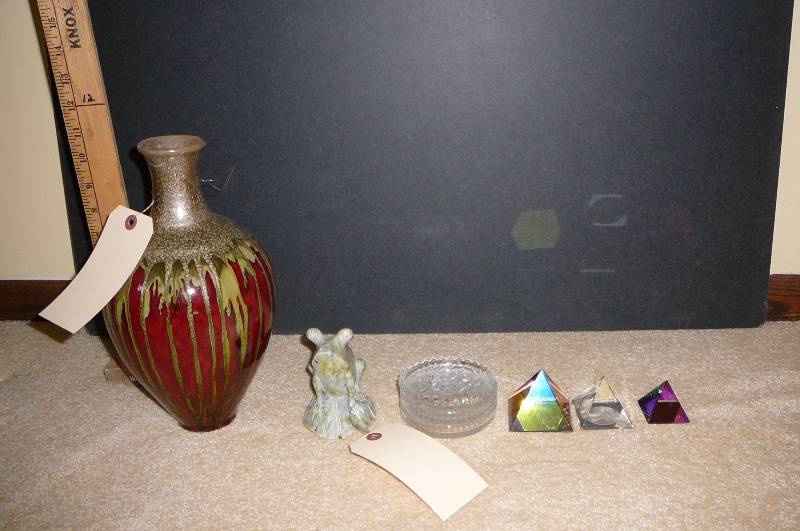 lot 16 image: Vase, pier 1, Paper weight Duck Unlimited, 2 Prism, 3 glass coaster, Home dcor