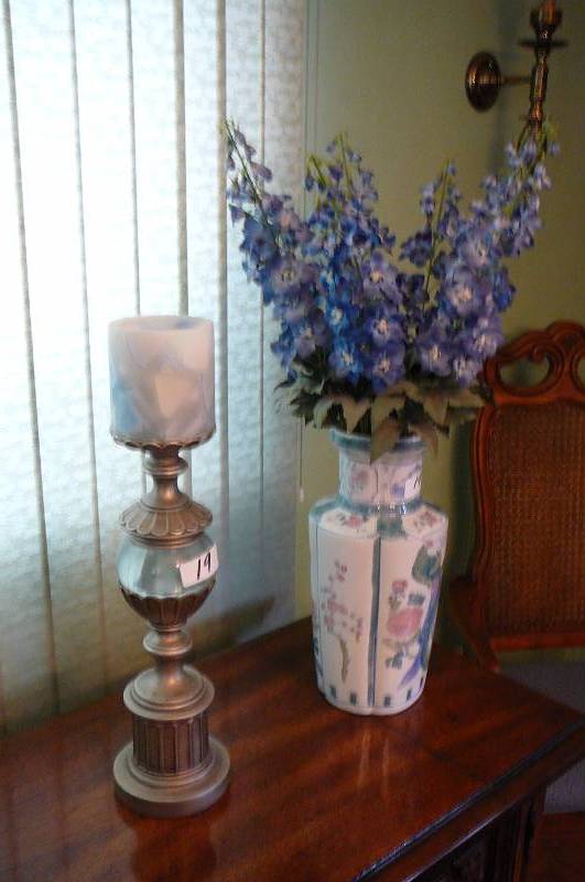 lot 19 image: Candle Holder 16 tall, Vase with Flowers 14 Tall