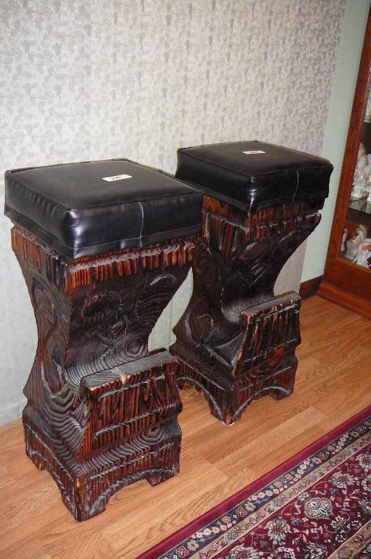 lot 20 image: Solid Wooden  Block Carved Bar Stools with Foot Rest 30 tall x 11 12 x 11 12