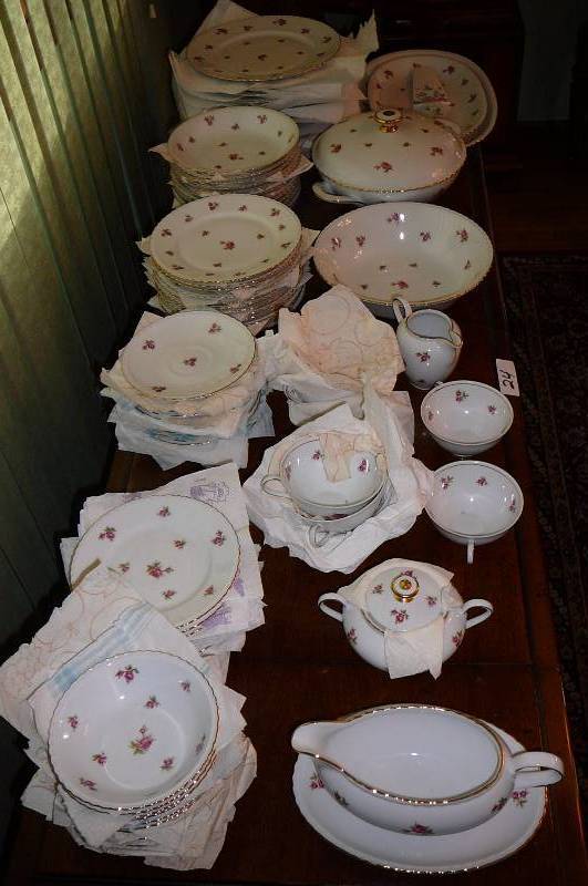 lot 26 image: Rose Time Dishs, Small, Med & Large, Plates, Bowls, Plates, coffee plates, Serving platter, Serving bowl one with cover, Creamer, Gravy, & Cups- Hms Royal Hanover Bavaria Germany,  looks like set of 12