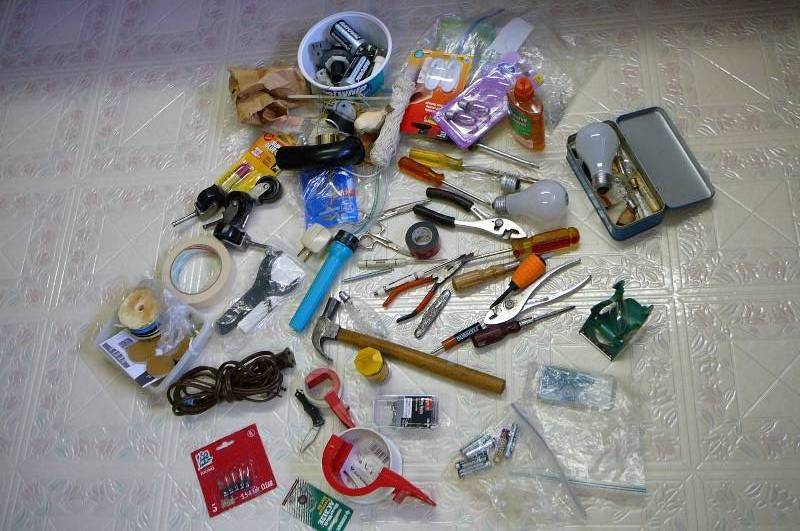 lot 42 image: Lot of Misc. Hammer, screwdriver, plyers, tape, coasters, Misc.