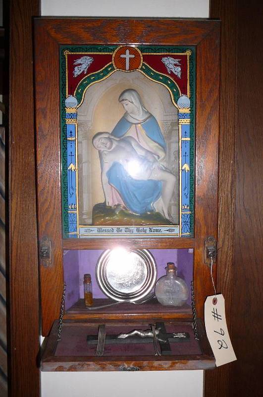 lot 92 image: Blessed Be thy Holy Name Oak 13 w x 23 t x 3 d, Holy Water & Oil Containers, Cross & Host dish, Picture of last Supper