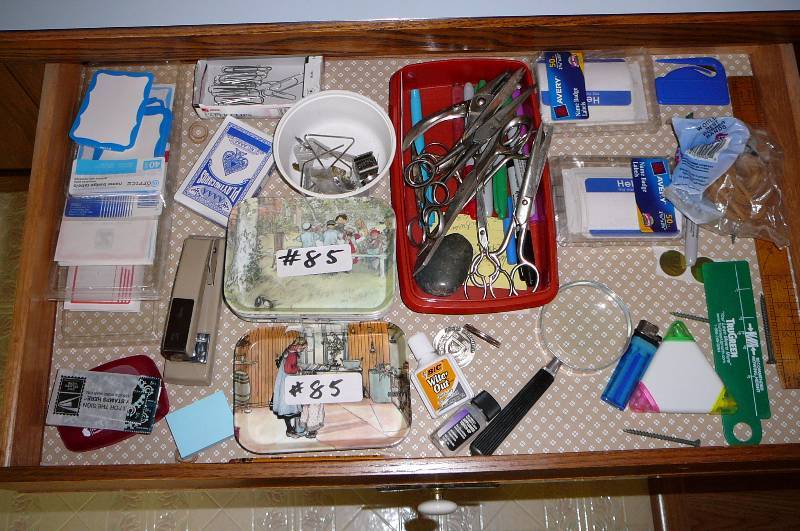 lot 85 image: Lot of Misc. 2 cent stamps, scissors, Avery Name badges, Misc.