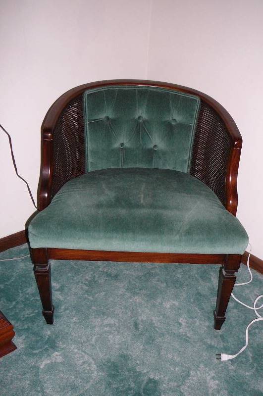 lot 104 image: Green Cloth wooden Chair with wicker