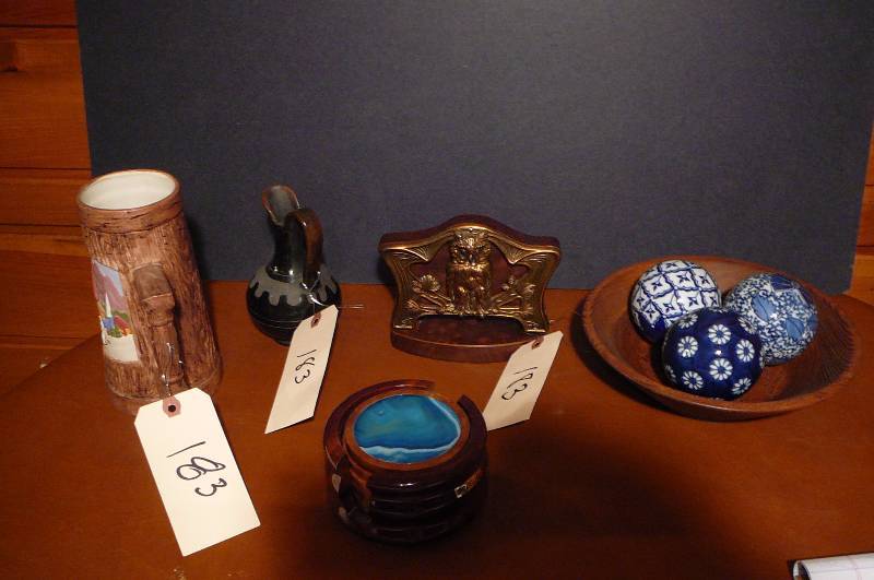 lot 183 image: Wooden Coasters, Bookend, Mug, Pitcher