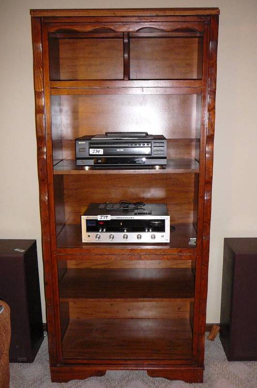 lot 240 image: Wooden Shelf, 4 Shelves 2 are adjustable, 32w x 17 12 d x 72 tall- (SHELF ONLY STERIO & RECEIVER NOT INCLUDED)