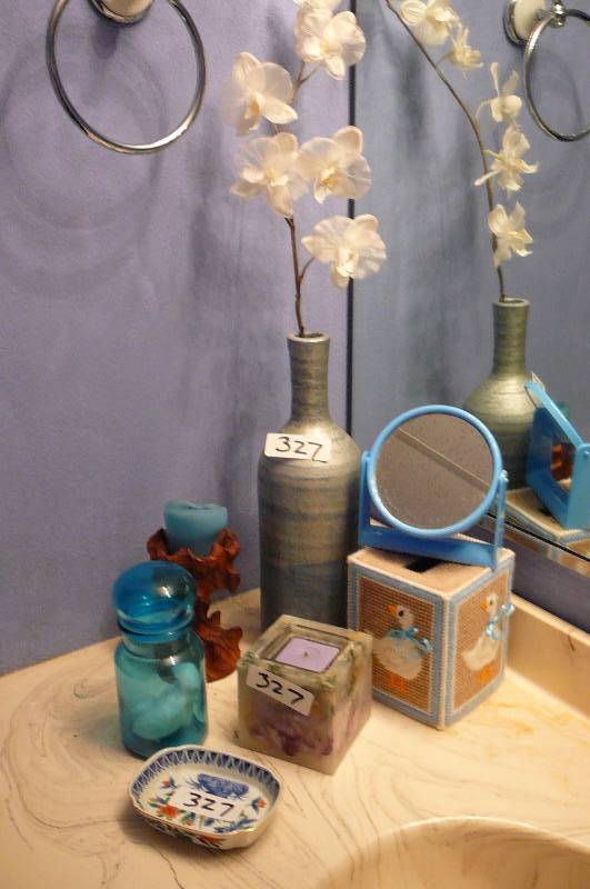 lot 327 image: Lot of Bathroom items, candle holder, soap dishs, mirror, cotton jar
