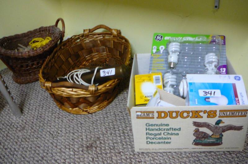 lot 341 image: Wicker Baskets, Light Bulbs and cloths pins