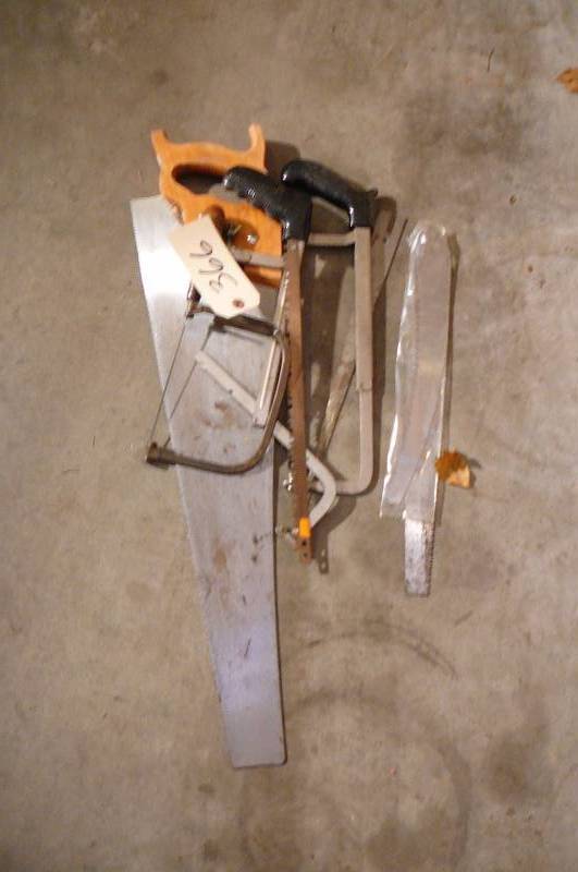 lot 366 image: Lot of Saws , 2 hack Saws , Cooping Saw, Wood Saw, and Misc. Blades