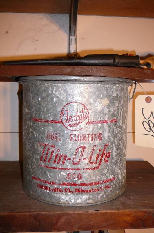 lot 381 image: Metal minnow Bucket Fish Cleaning Board, 2 Fillet Knives