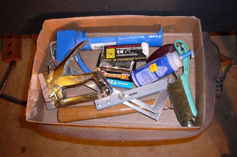 lot 412 image: Lot of Wire Brush, Culc Gun, Stapler, Chalk Line, Chalk, Hammer, Adjustable Square