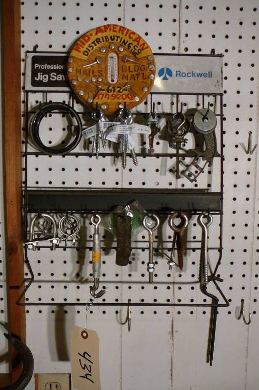 lot 434 image: Rack with Hardware, Eyed Lag Bolts and Turn Buckets Etc.