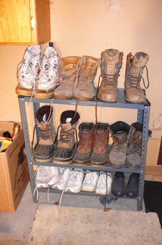 lot 443 image: Lot of Boots and Rack, Danners, Land Rover, H-H Brown, Sorel, Size 11-12 Tennis Shoes  size 7-8