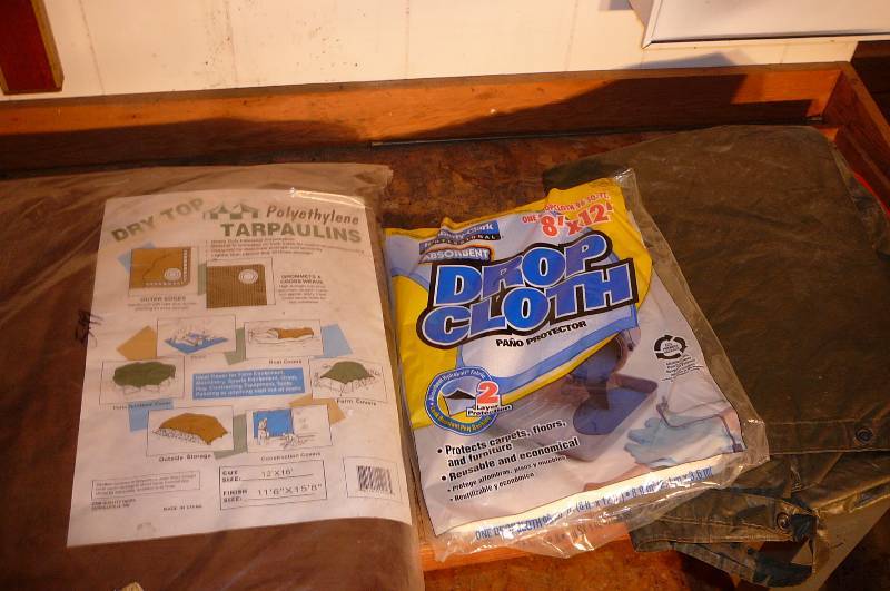 lot 440 image: tarp Polyethylene 12x 16 New, Drop Cloth 8x12 New, Tarp used