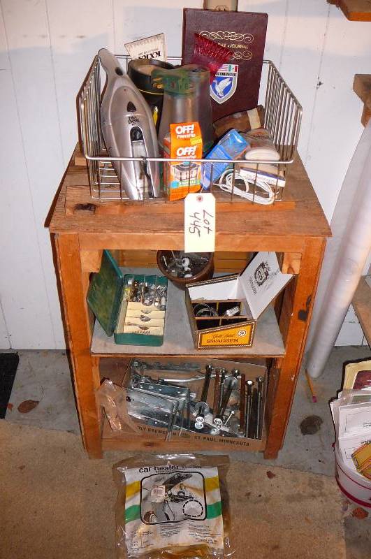 lot 445 image: Cabinet with Header Hose 12, Bolts, Corner Bracket, Dirt Devil, Flash Light, etc.