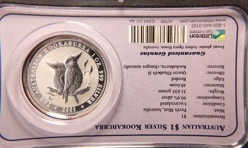 lot 02 image: 2001 AUSTRALIAN KOOKABURRA 1 TROY OZ. .999 FINE SILVER DOLLAR IN LITTLETON HOLDER