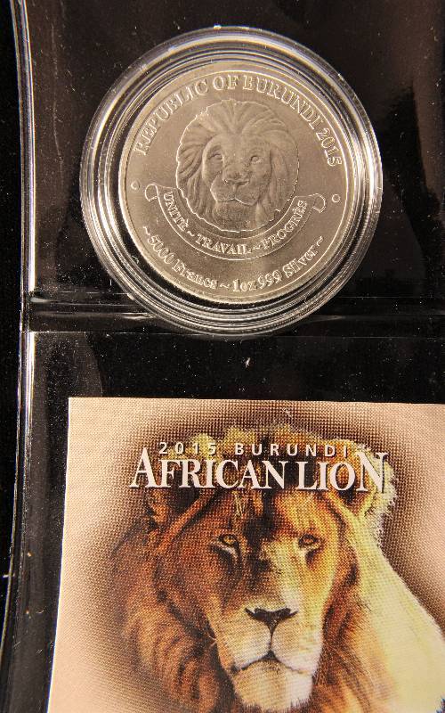 lot 06 image: 2015 BURUNDI AFRICAN LION 1 TROY OZ .999 FINE SILVER IN AIRTITE HOLDER