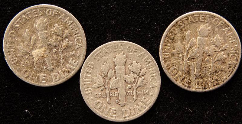 lot 08 image: GROUP OF 3 SILVER ROOSEVELT DIMES 1948-D, 1951-P & 1956-D