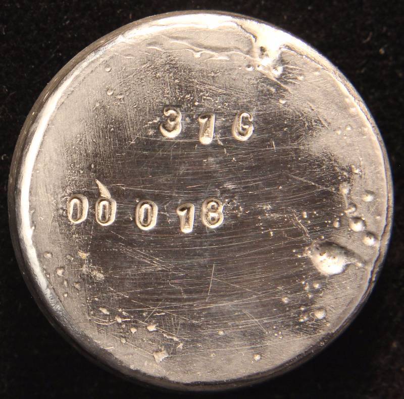 lot 13 image: 1 TROY OZ. .999 FINE SILVER (31 GRAMS) BUTTON BULLION