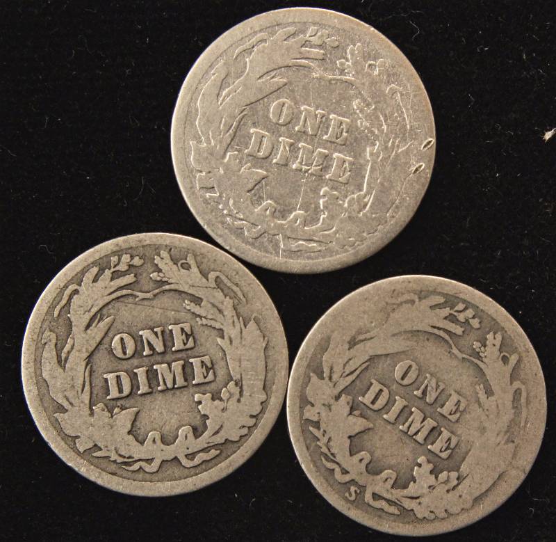lot 22 image: GROUP OF 3 SILVER BARBER DIMES 1912, 1915 & 1916-S