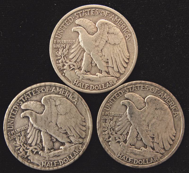 lot 24 image: GROUP OF 3 WALKING LIBERTY SILVER HALF DOLLARS 1935P, 1935D & 1935S