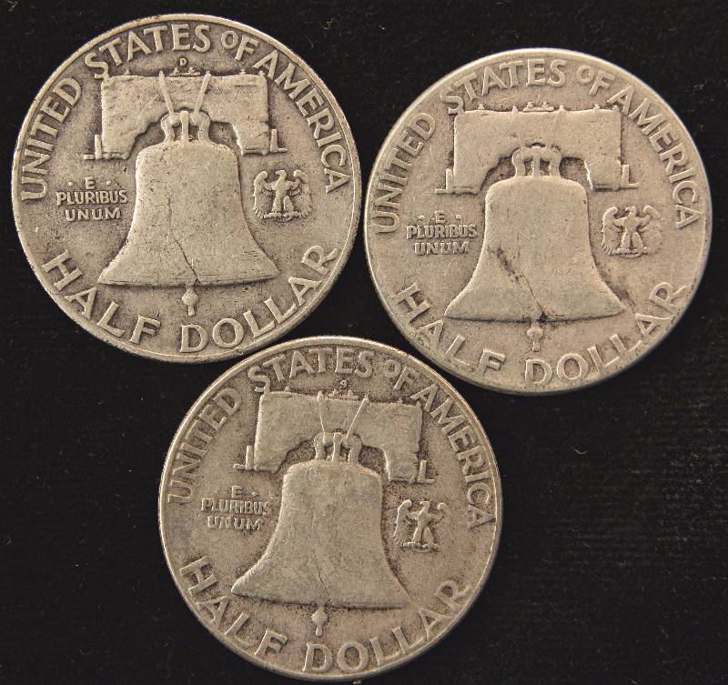 lot 26 image: GROUP OF 3 FRANKLIN SILVER HALF DOLLARS 1951-P, 1951-D & 1951-S