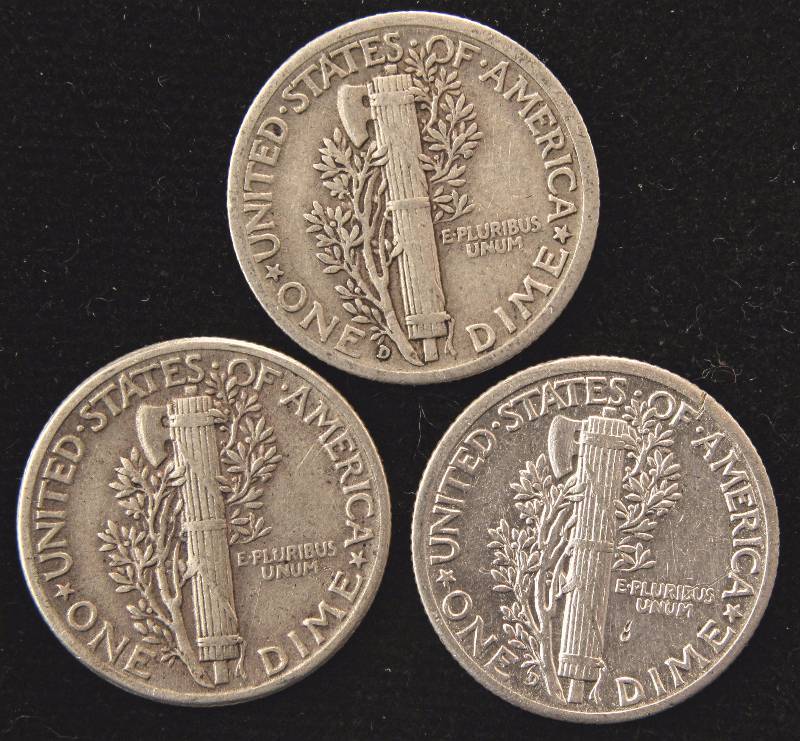 lot 33 image: GROUP OF 3 MERCURY SILVER DIMES 1936D, 1942D, 1944P